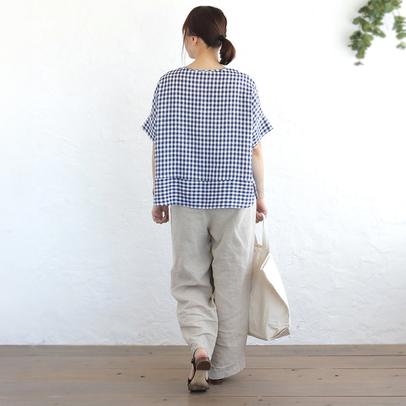 《数量限定》大人のTシャツに。リネンのワイドプルオーバーブラウス（ギンガムチェック）TP34. 8枚目の画像