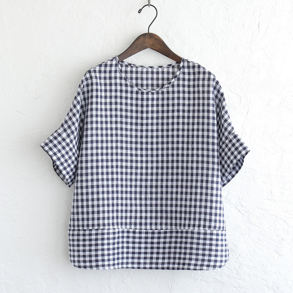 《数量限定》大人のTシャツに。リネンのワイドプルオーバーブラウス（ギンガムチェック）TP34. 12枚目の画像