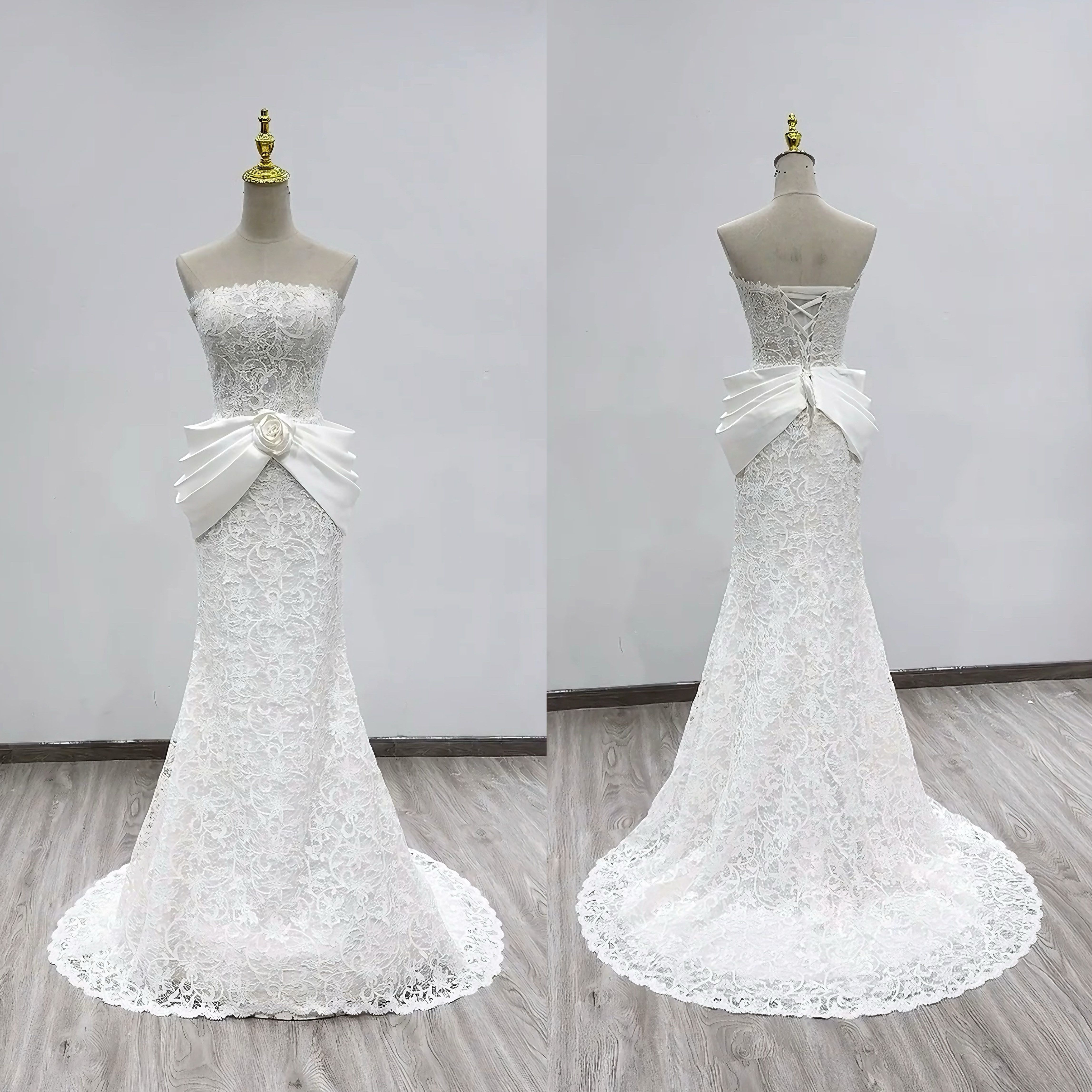 2025新作！オリジナル　総レース　ビスチェライン　デコルテ　花サテン　ブライダル　ギャザースカート　細見えシルエット