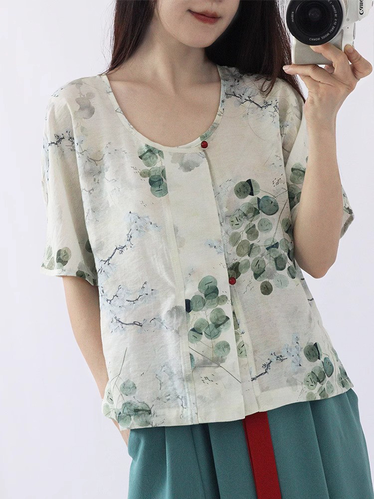 レディース半袖トップス クルーネック 花柄 フロントボタン ゆったり夏用トップス