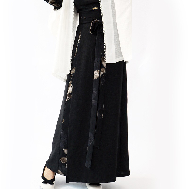 レディース切り替え花柄スカートパンツ ハイウエスト リボン付き 竹葉柄 ミディ丈