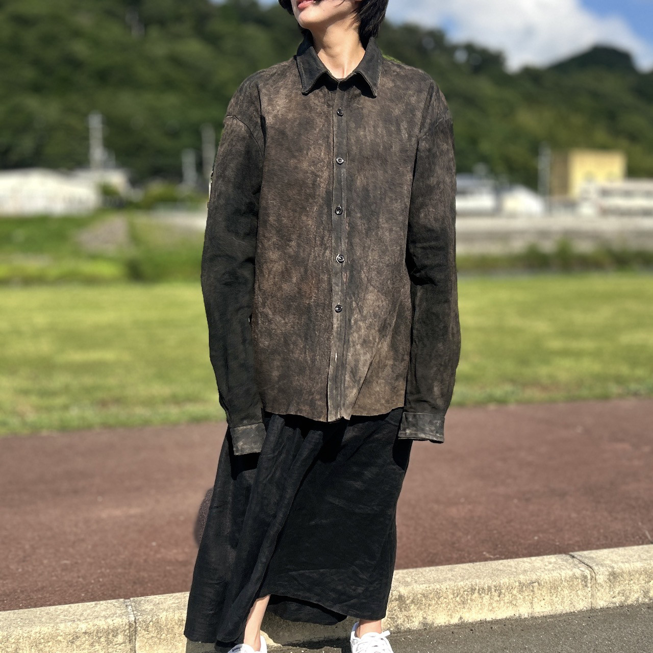 AMRAビンテージ加工/馬革/本革デストロイレザーシャツ/ユニセックス/XL