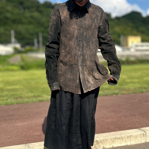 AMRAビンテージ加工/馬革/本革デストロイレザーシャツ/ユニセックス/XL