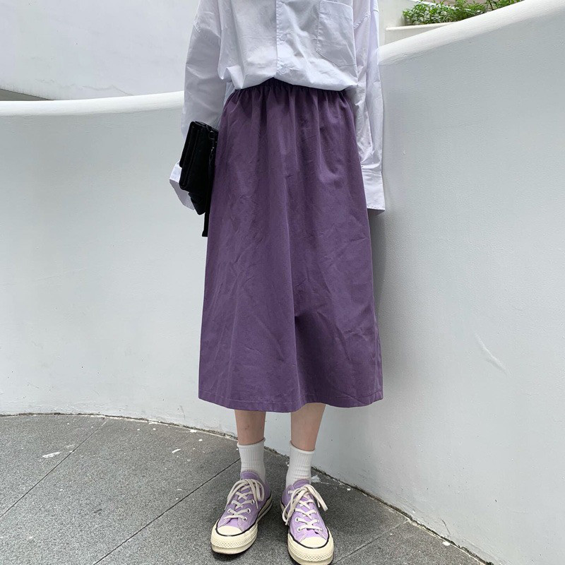 レディース綿麻ハイウエストスカート サイドスリット ミディ丈 Aライン