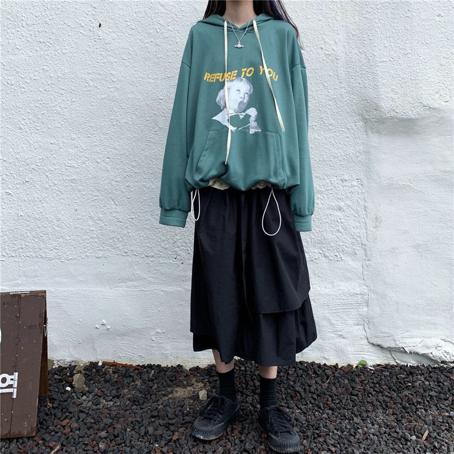 レディース綿麻ハイウエストスカート アシンメトリー切り替え ミディ丈 ワーク風