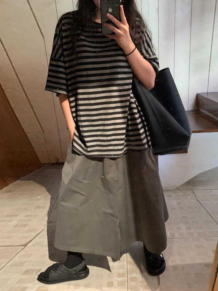 レディース綿麻ハイウエストスカート ミディ丈 Aライン ワーク風