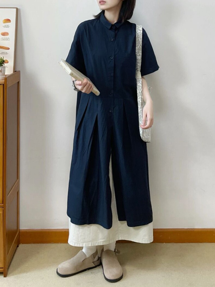 レディース綿麻半袖シャツワンピース ネイビー ゆったり ミディ丈