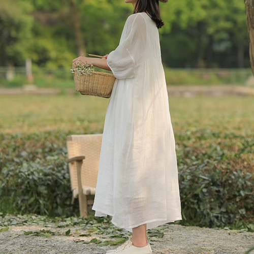 美品 rehellinen レヘッリネン 上質リネン ロングワンピース 白 リネン