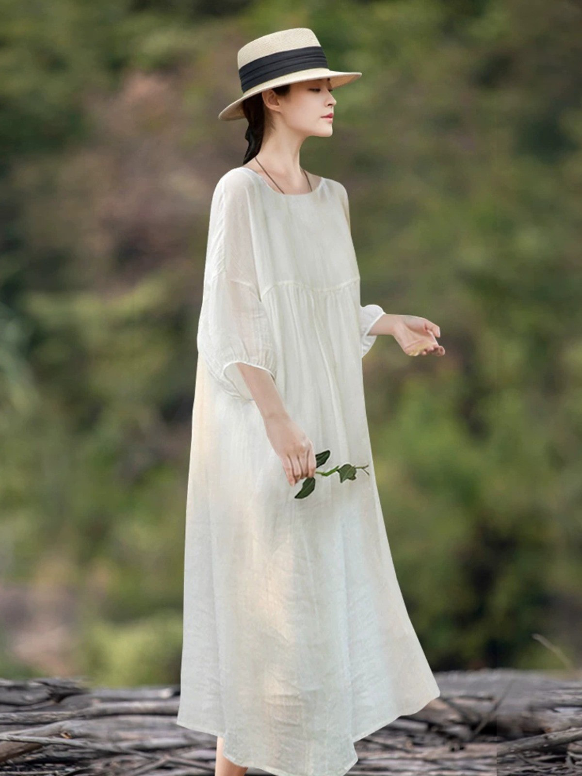 レディースリネン綿麻混 二重織りシワ加工 ロングワンピース ノースリーブ ホワイト