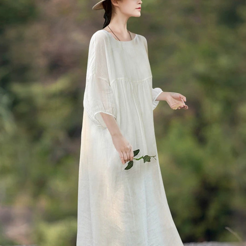 美品 Ron Harman ノースリーブ シワ加工 マキシ丈ワンピース 白