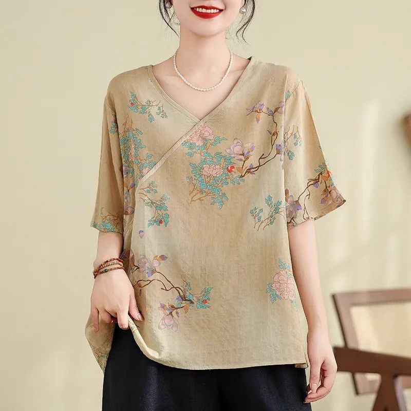 レディース綿麻 Vネック 切り替え 半袖Tシャツ インナートップス