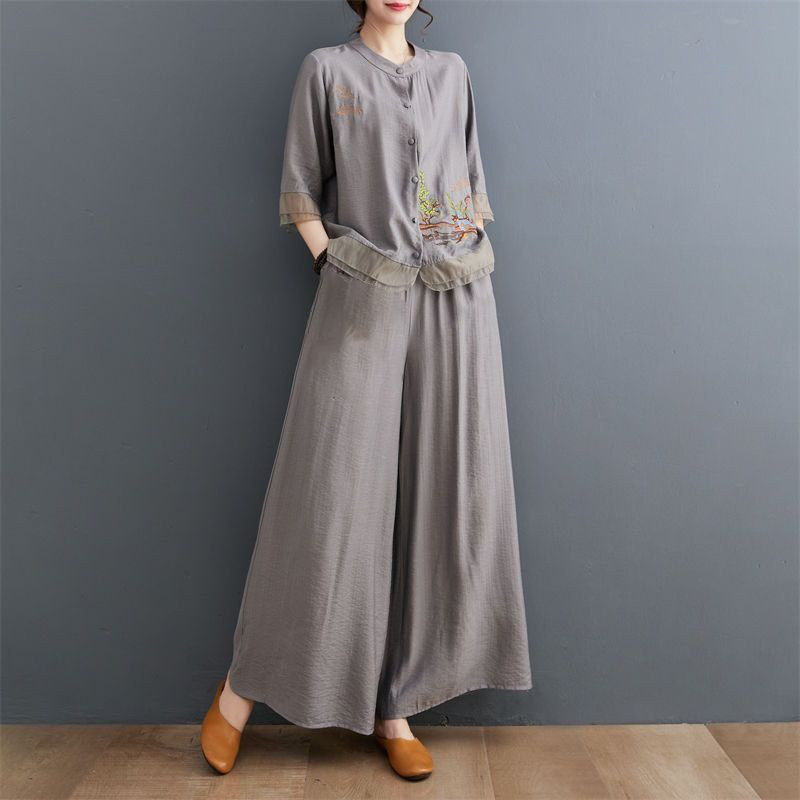 レディーステンセルリネン 刺繍入り セットアップ ワイドパンツ2点セット