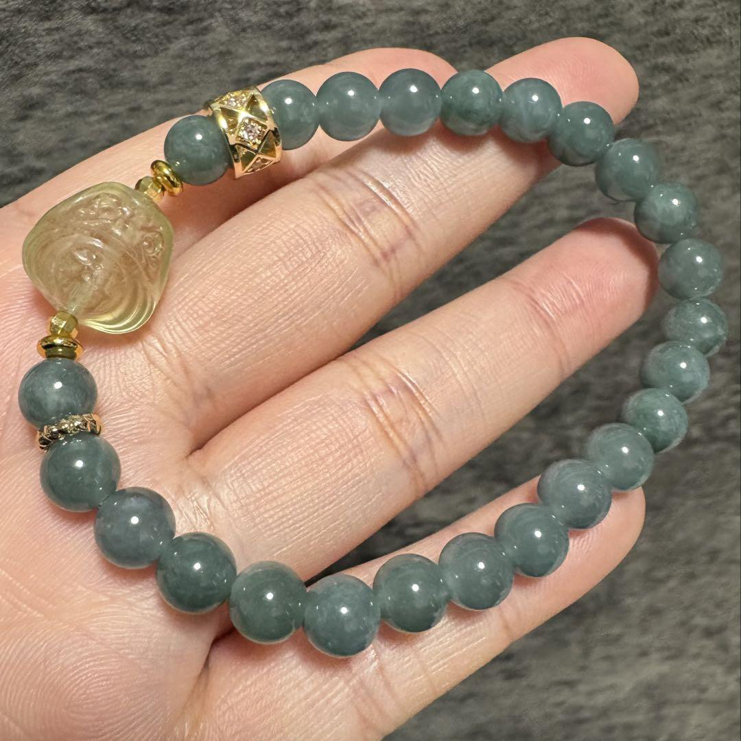 【高品質!ミャンマー産ブルー翡翠×だるまリビアン】お守りブレス 16cm