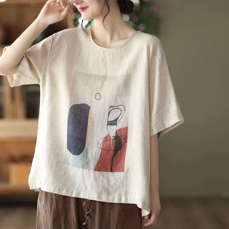 レディース綿麻ラミー混 Vネック 半袖Tシャツ インナートップス