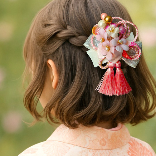 桜と和紐の髪飾り】ダブルタッセル＊卒業式や七五三に＊ヘアクリップ