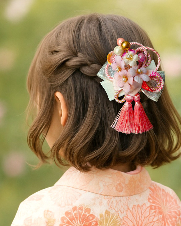 【桜と和紐の髪飾り】ダブルタッセル＊七五三や卒業式に＊ヘアクリップ 5枚目の画像
