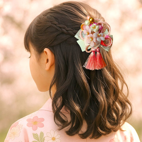桜と和紐の髪飾り】ダブルタッセル＊七五三や卒業式に＊ヘアクリップ
