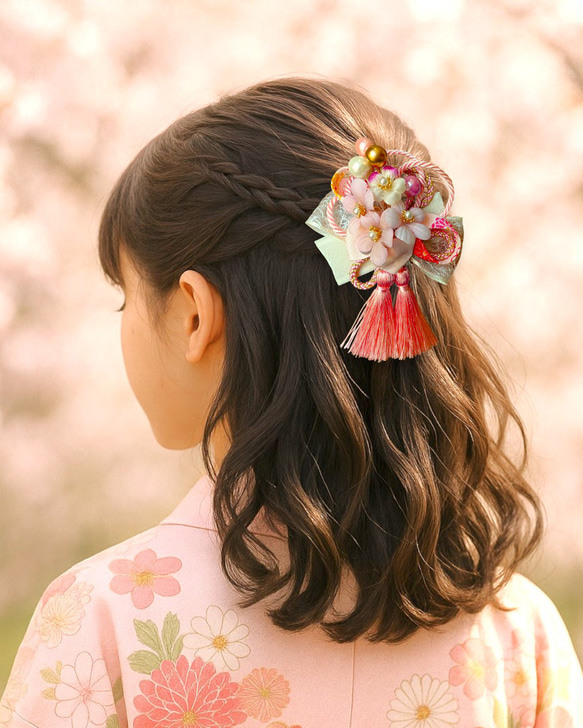 【桜と和紐の髪飾り】ダブルタッセル＊七五三や卒業式に＊ヘアクリップ 11枚目の画像