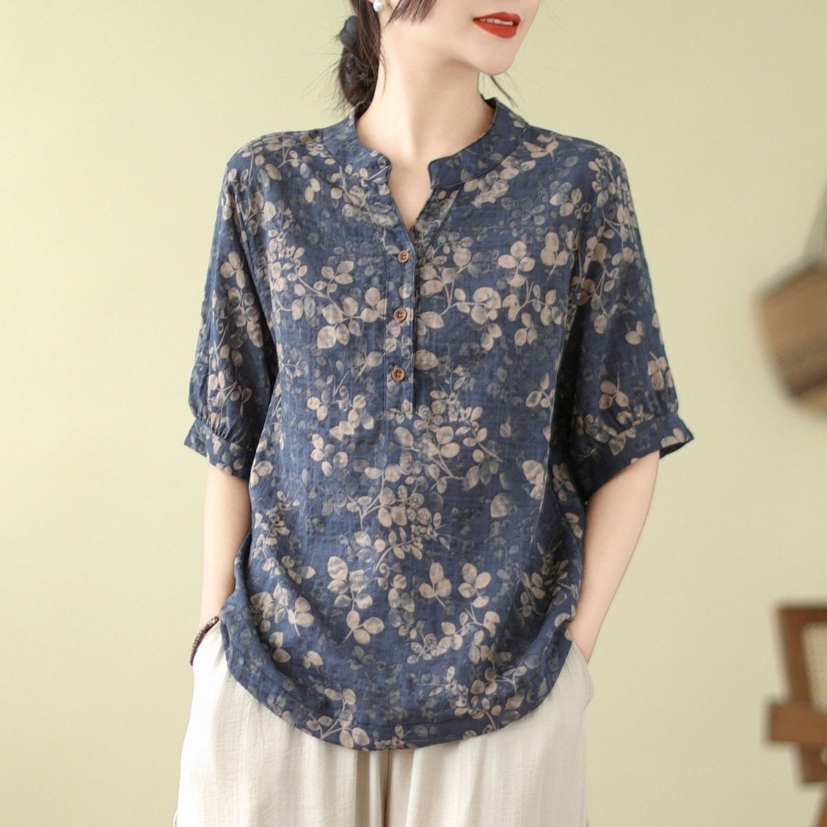 レディースラミー 花柄 半袖シャツブラウス トップス