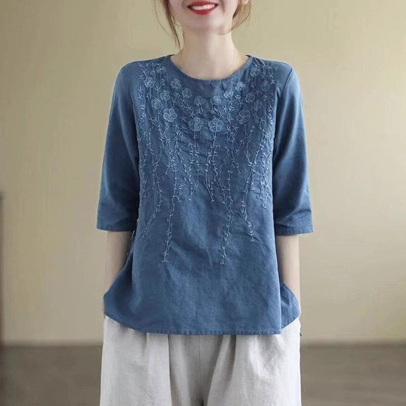 レディースリネン 手刺繍入り 半袖シャツ インナーTシャツ