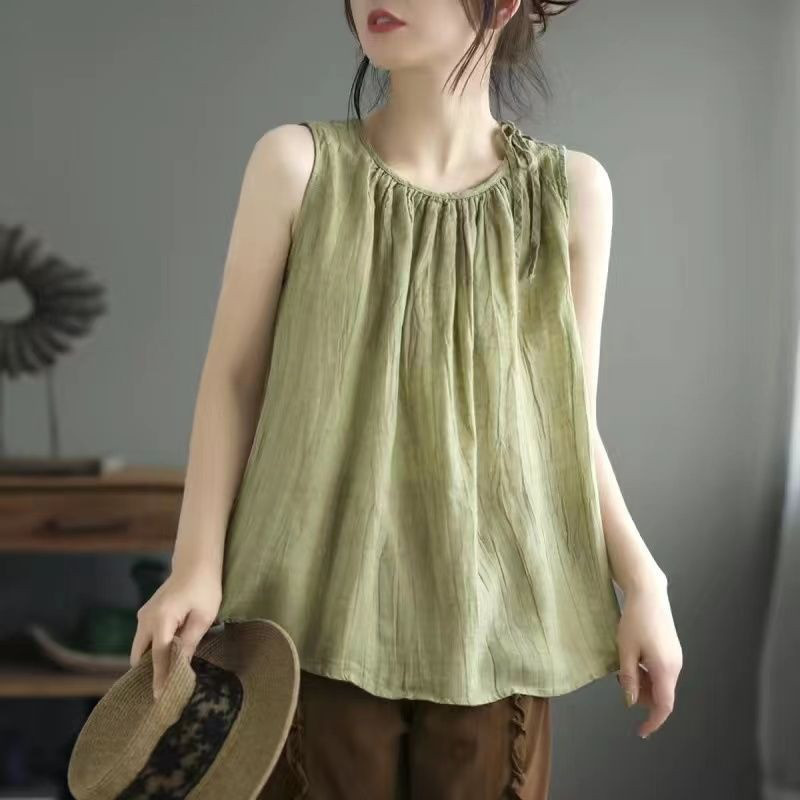 レディース綿麻 丸首 ノースリーブ リボン付き インナー用トップス