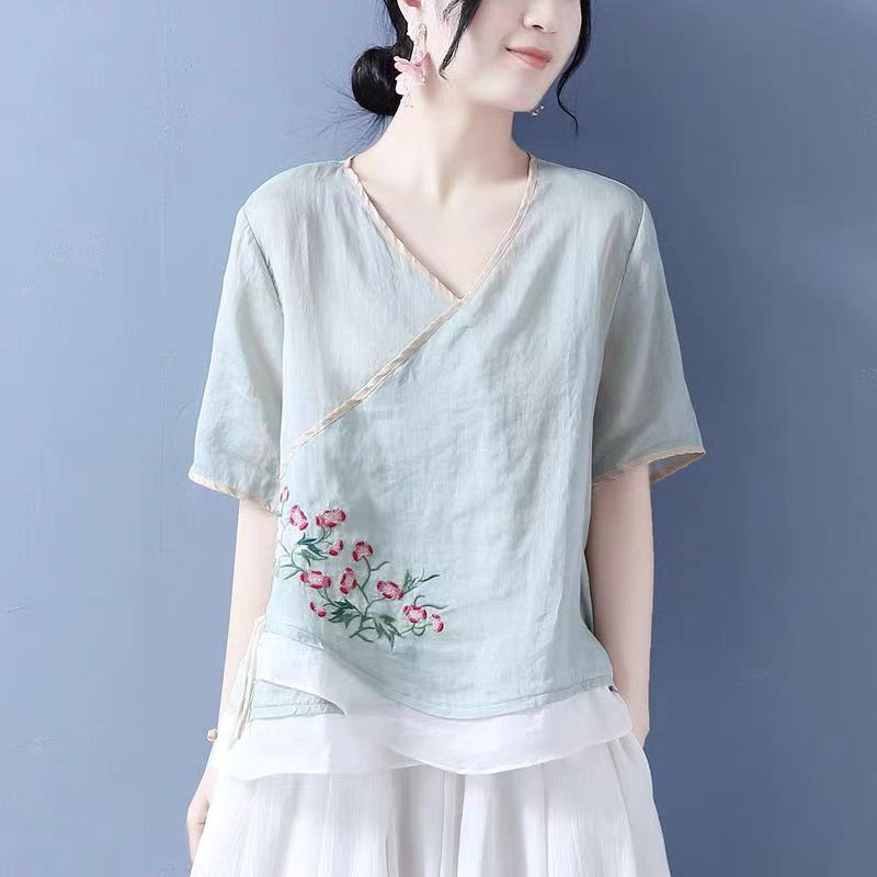 レディース綿麻 斜め前立て Vネック 半袖チャイナボタンシャツ