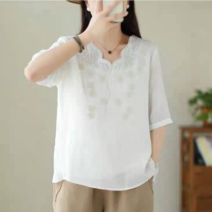 レディース綿麻 切り替え Vネック 半袖Tシャツ インナートップス