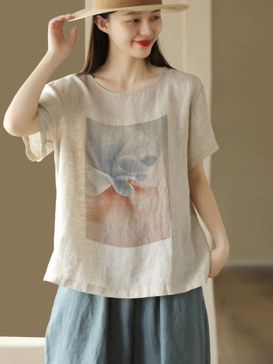 レディースリネン 半袖Tシャツ ゆったり インナートップス