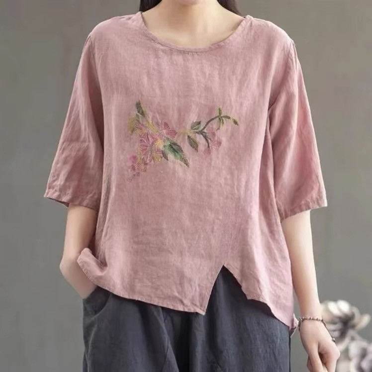レディースリネン綿麻 刺繍入り クルーネック 半袖Tシャツ インナー用ブラウス