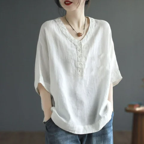 レディースリネン Vネック プルオーバー 半袖シャツ インナー用トップス