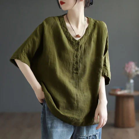 レディースリネン Vネック プルオーバー 半袖シャツ インナー用トップス
