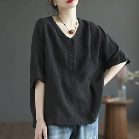 レディースリネン Vネック プルオーバー 半袖シャツ インナー用トップス