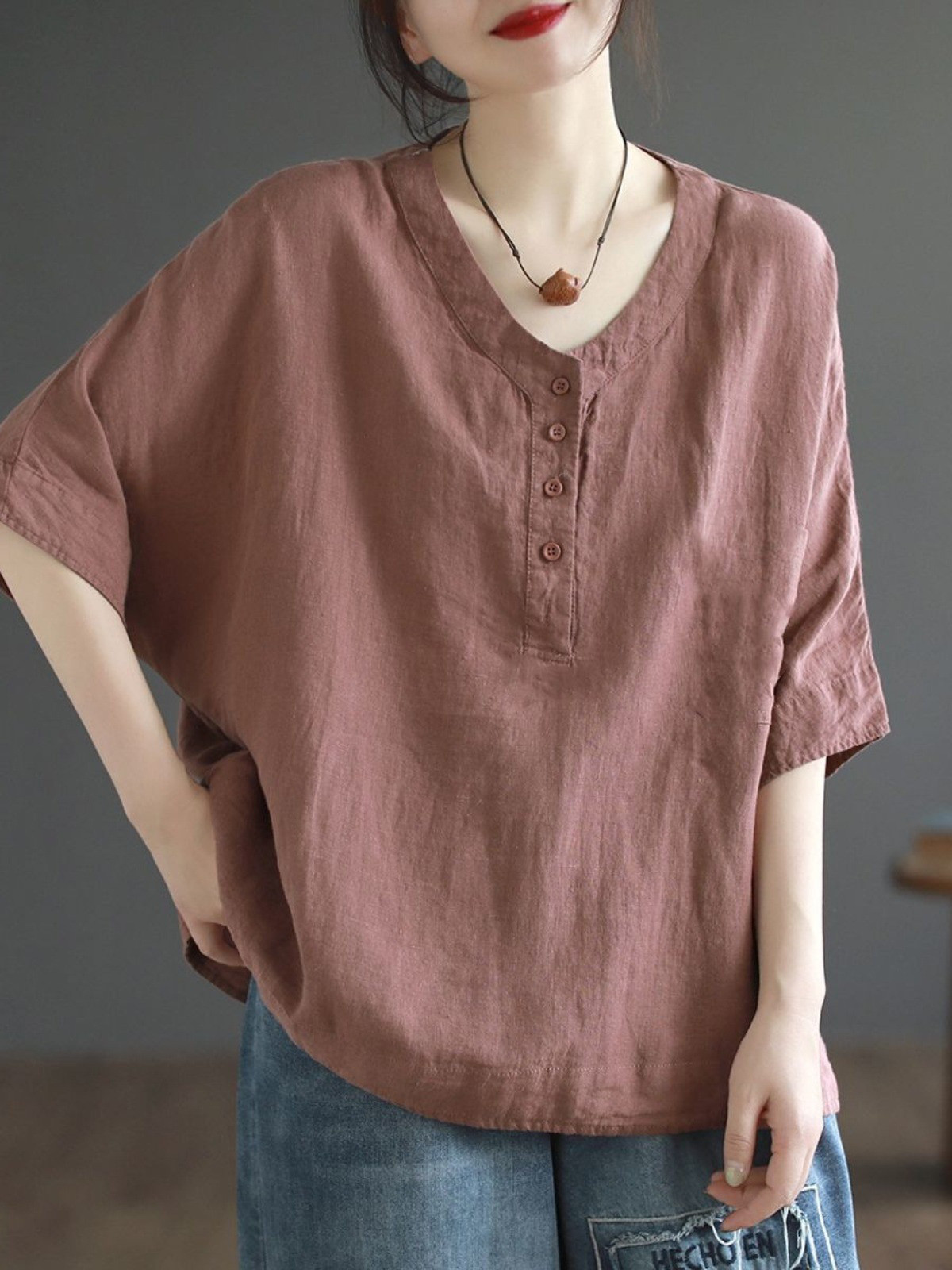 レディースリネン Vネック プルオーバー 半袖シャツ インナー用トップス