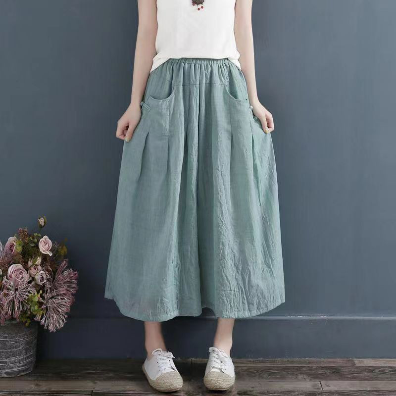 レディース綿麻 ワイドパンツ 薄手 フレアカジュアルパンツ