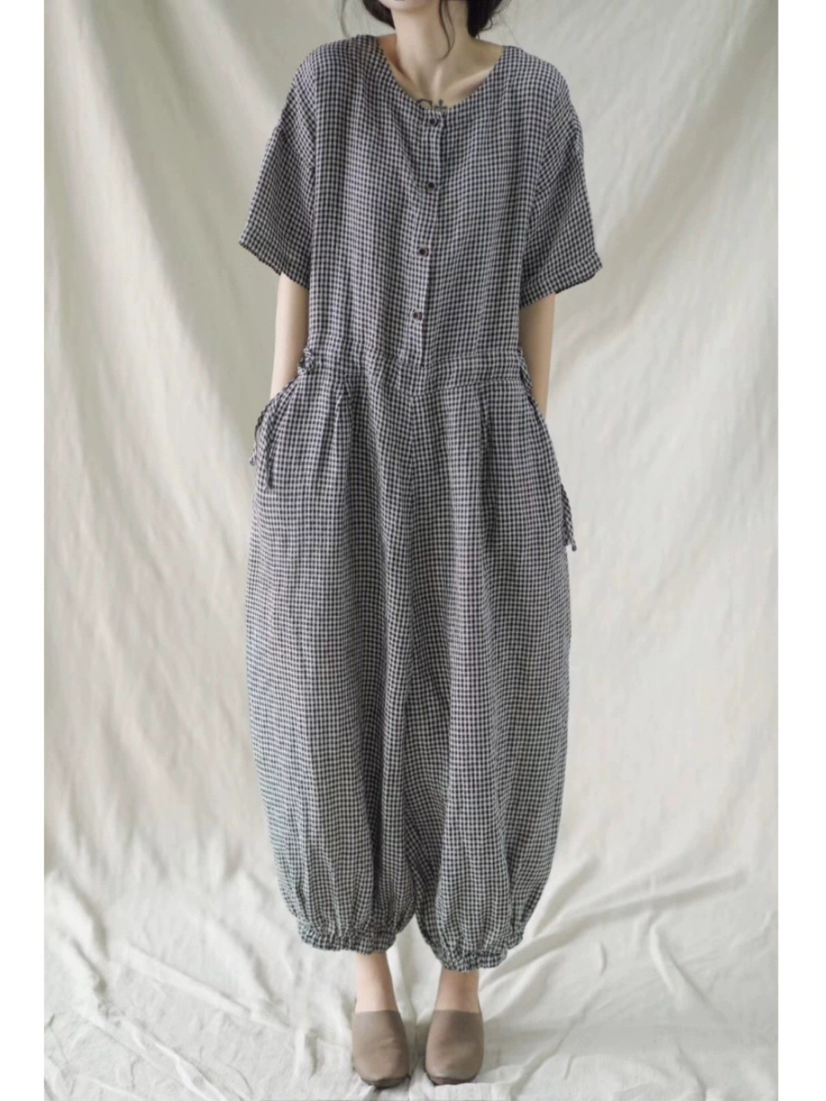 レディースリネン チェック柄 ハイウエスト サルエル風 九分丈 オールインワン