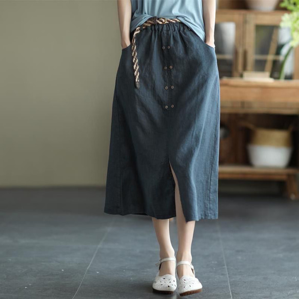 レディース綿麻 ハイウエストスカート ミディ丈 スリット入り Aライン 2枚目の画像