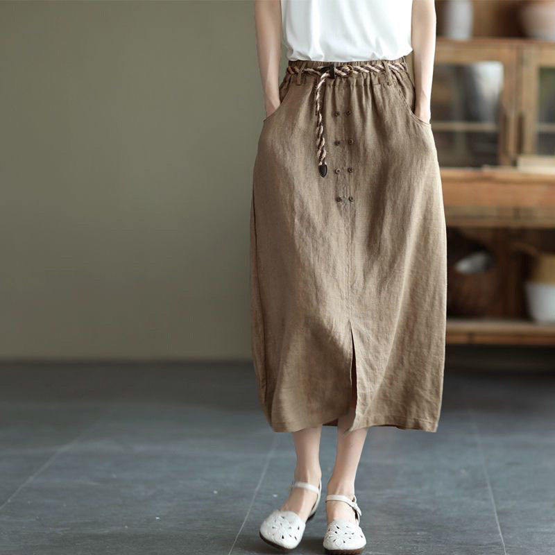 レディース綿麻 ハイウエストスカート ミディ丈 スリット入り Aライン