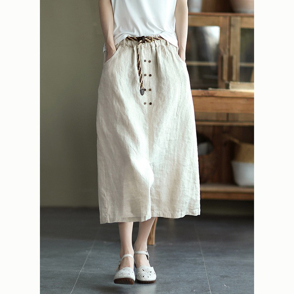 レディース綿麻 ハイウエストスカート ミディ丈 スリット入り Aライン 3枚目の画像
