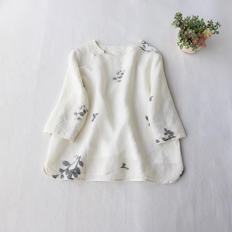 レディースラミー 花柄 斜め前立てシャツ ゆったり ブラウス