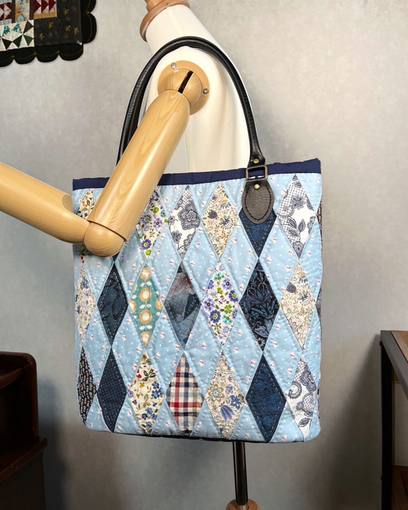 Creema限定】爽やかブルーダイヤのパッチワークトートバッグ