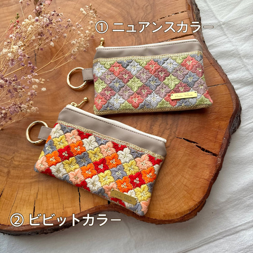 萩原様 インド刺繍 ボックスポーチ ハンドメイド インド刺繍生地プリントキルトボックスポーチ - ショップ 