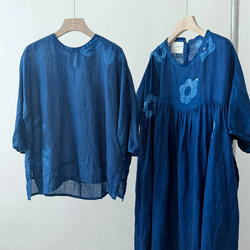藍染型染め　半袖ブラウス　刺し子　ハンドメイド 藍染型染め 半袖ブラウス 刺し子 ハンドメイド