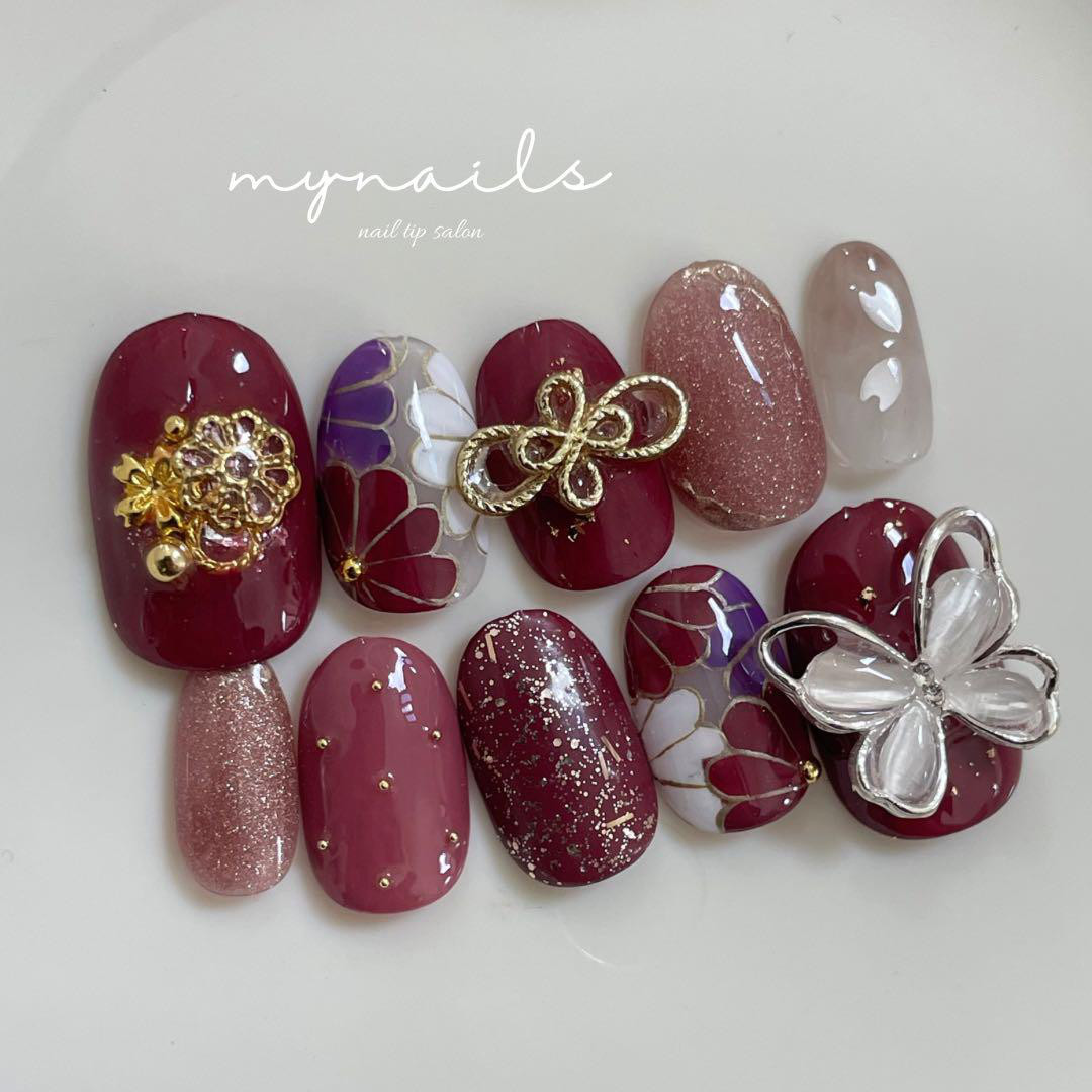 【サイズオーダー】和柄ネイルチップ 赤×ゴールド｜成人式 卒業式 振袖 袴 和装ネイルno56