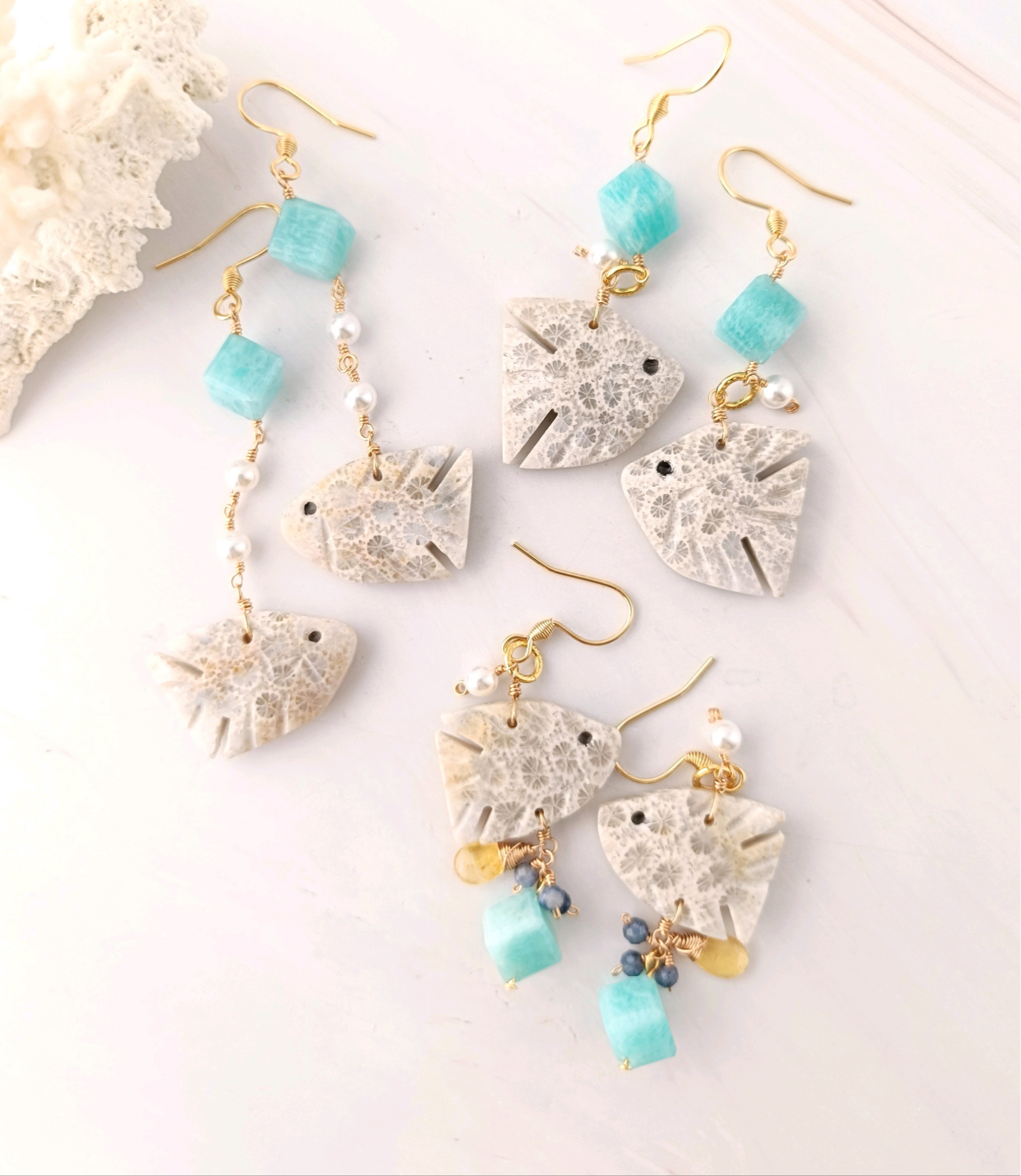 【オリジナル品】フォッシルコーラル 魚 耳飾り