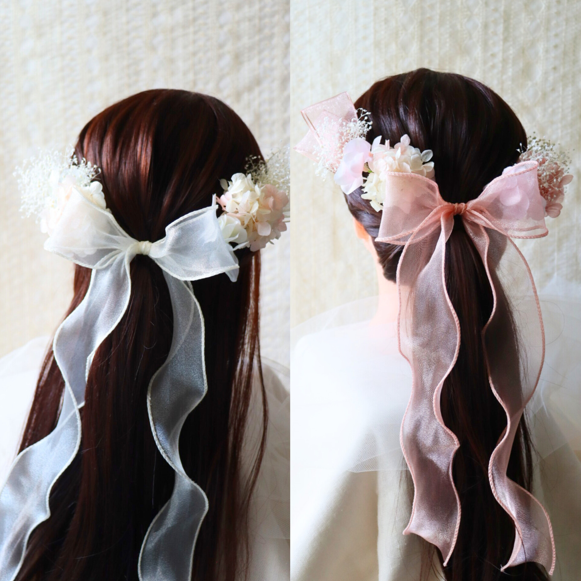 【新作】チュールリボンとあじさいとかすみ草のヘッドドレス 【新作】チュールリボンとあじさいとかすみ草のヘッドドレス