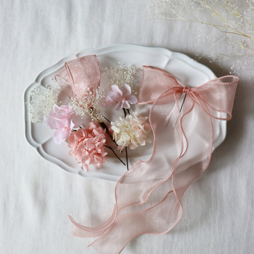 オーガンジーリボンとあじさい、かすみ草の髪飾り 成人式用髪飾り 結婚