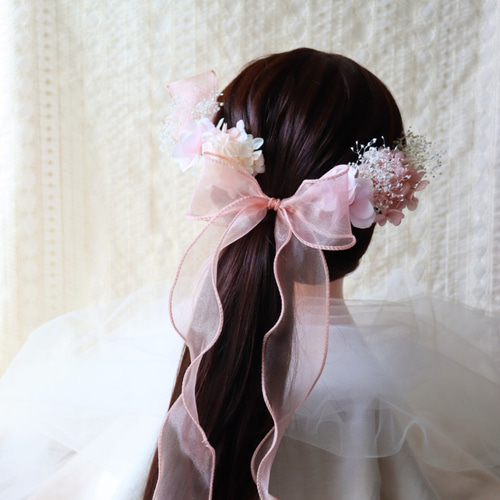 オーガンジーリボンとあじさい、かすみ草の髪飾り 成人式用髪飾り 結婚
