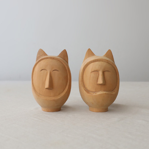 最終SALE 天然無垢材 2体セット 絵付け 猫 だるま 達磨 木彫り