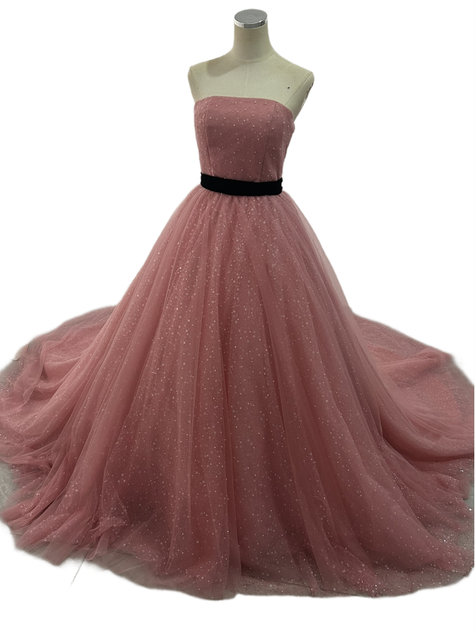 カラードレス 薄桃色 キラキラ光る刺繍 サッシュベルト  ベアトップ 編み上げ 結婚式 可愛い