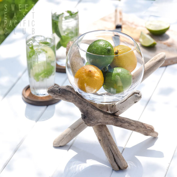 大きめのガラスボールと流木のディスプレイスタンド・花瓶・小物入れ